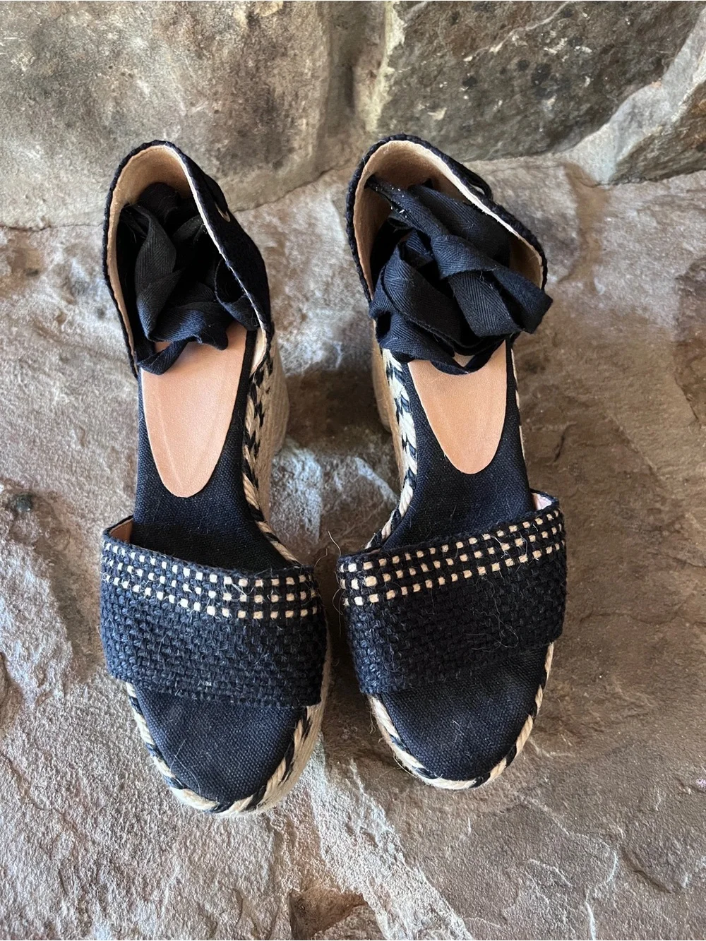 Castaner Black Woven Espadrille Platform Sandal with Ankle Tie